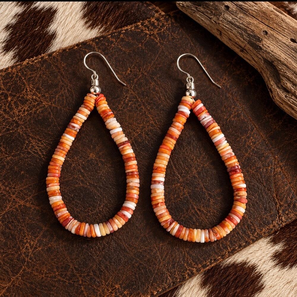 Orange Spiny Oyster Heishi Bead Teardrop Earrings – Sterling Silver
